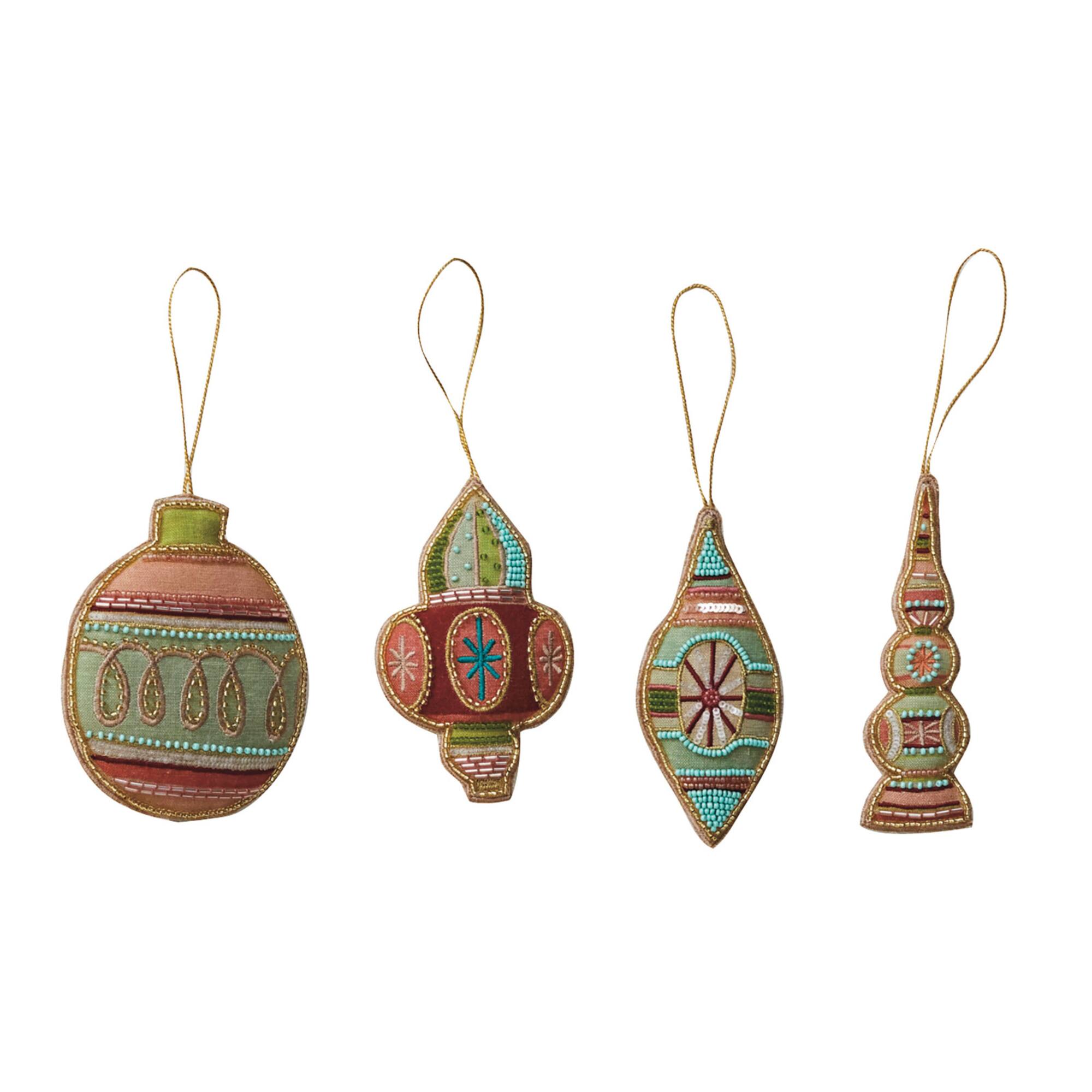Hello Honey® 4 Pack 4.75" Glass Bead Embroidered Classic Shapes Cotton Fabric Ornaments